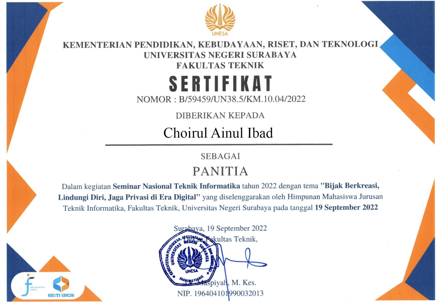 National IT Seminar Certificate